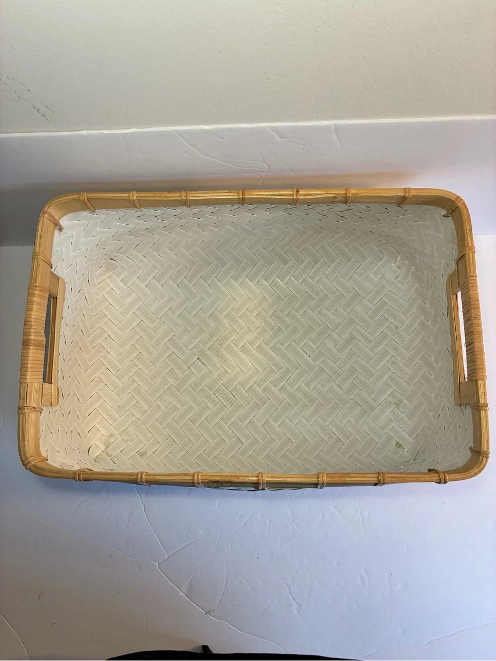 White Woven Plastic Basket with Bamboo Trim